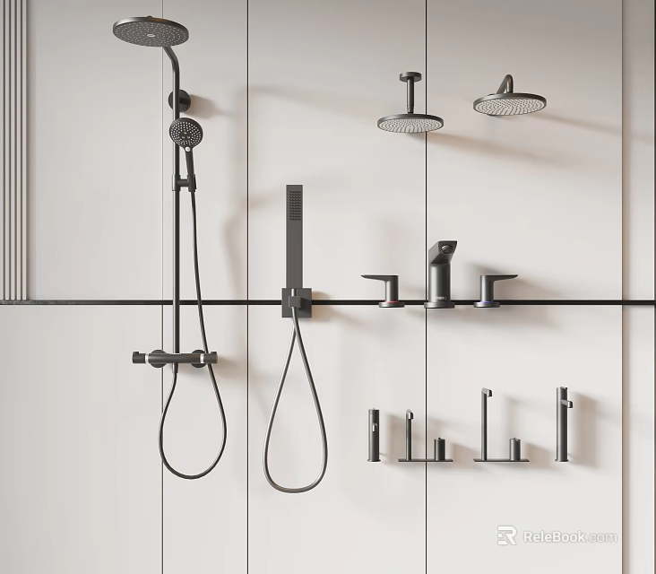 Sleek Black Modern Shower Fixtures With Handheld And Overhead Heads On White Wall 3d model 