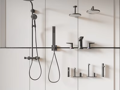 Sleek Black Modern Shower Fixtures With Handheld And Overhead Heads On White Wall 3d model