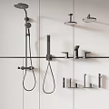 Sleek Black Modern Shower Fixtures With Handheld And Overhead Heads On White Wall