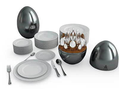 Modern Dinnerware Set With Plates Forks Knives Spoons And Egg Shaped Containers 3d model