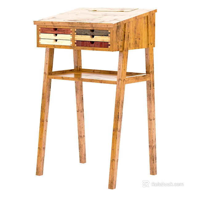 Bamboo Wooden Desk With Multiple Colored Drawers And Open Shelf Design 3d model 