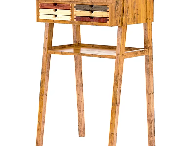 Bamboo Wooden Desk With Multiple Colored Drawers And Open Shelf Design 3d model