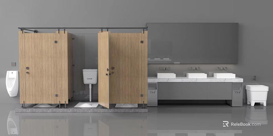Spacious Public Restroom With Multiple White Countertop Sinks Wooden Partitions And Mirror 3d model 