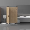 Spacious Public Restroom With Multiple White Countertop Sinks Wooden Partitions And Mirror