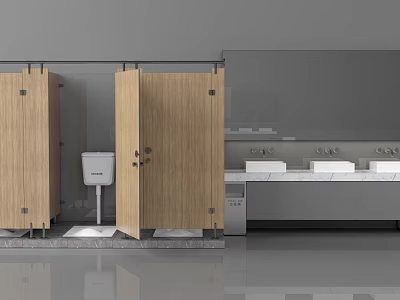 Spacious Public Restroom With Multiple White Countertop Sinks Wooden Partitions And Mirror 3d model