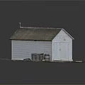 Wooden House With White Exterior Gray Roof And Wooden Crates Barrels