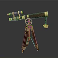 Vintage Telescope On Wooden Tripod With Wooden And Gold Metal Body And Small Golden Disc