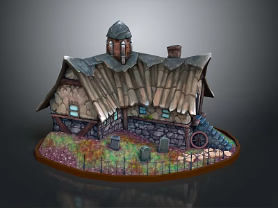 Enchanted Stone Wooden Cottage With Tiled Roof Small Tower Gravestones And Vintage Wheel 3d model