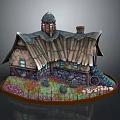 Enchanted Stone Wooden Cottage With Tiled Roof Small Tower Gravestones And Vintage Wheel