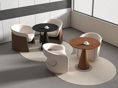 Modern Luxury Table Chair Set With Circular Wooden Tables And Curved White Upholstered Chairs 3d model