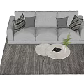 Gray Three Seater Sofa With Decorative Pillows Round Coffee Table And Striped Rug 3d model