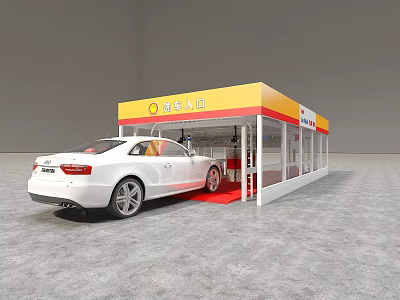 Commercial Fueling Equipment at Gas Station With Yellow Canopy Safety Entrance and Parked White Car 3d model