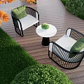 Stylish Outdoor Sofa With Black Rattan Frame Green Cushions And Side Table On Wooden Deck