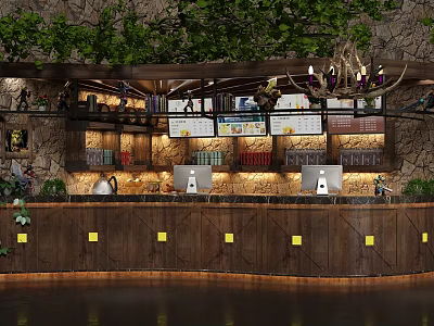 Rustic Wooden Bar Counter With Stone Wall Greenery And Chandelier Lighting 3d model