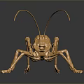 Golden Cricket Sculpture With Long Antennae On Black Background And Reflection