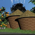 Charming Rustic Garden Landscape With Unique Thatched Granary Buildings And Lush Fruit Trees