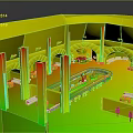 Indoor Architecture Interior Design With Orange Walls Black Pillars Colorful Central Path And White Seating