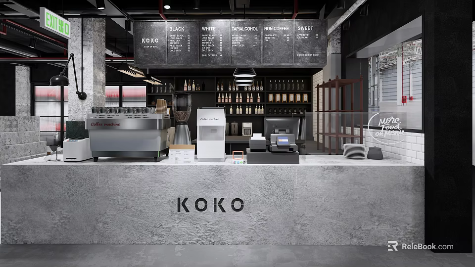 KOKO Coffee Shop Modern Industrial Interior With Counter Coffee Machine Menu Board And Wine Bottles 3d model 