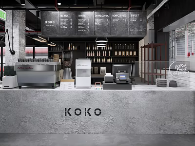 KOKO Coffee Shop Modern Industrial Interior With Counter Coffee Machine Menu Board And Wine Bottles 3d model