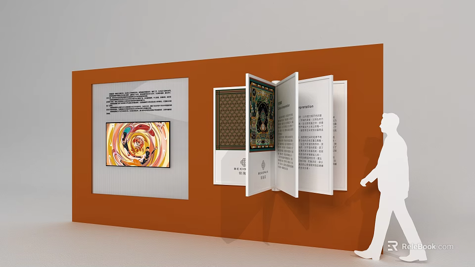 Art Installation Featuring Orange Display Wall Open Book Structure Colorful Painting Text Panels And Viewer 3d model 