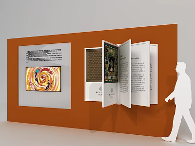 Art Installation Featuring Orange Display Wall Open Book Structure Colorful Painting Text Panels And Viewer 3d model