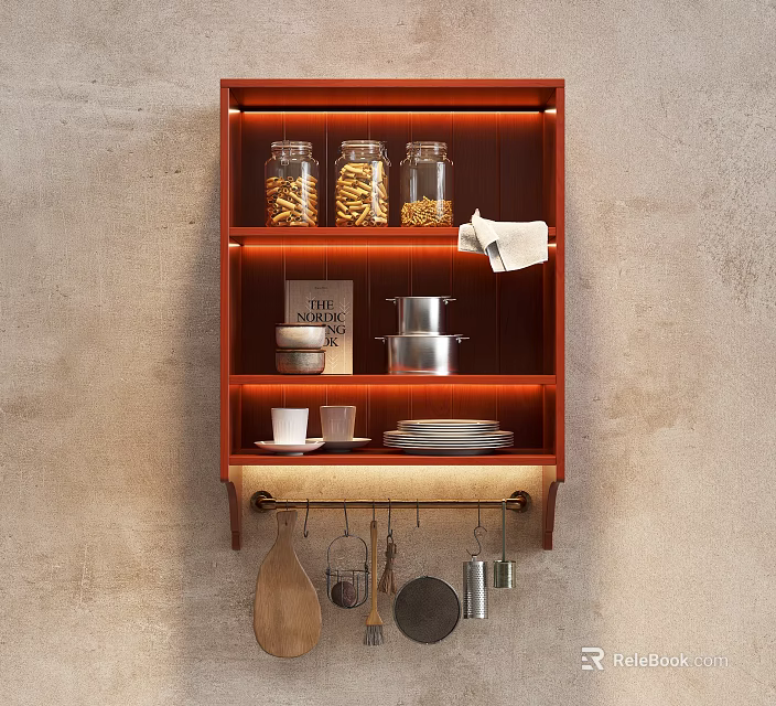 Functional Kitchen Wall Cabinet With Shelves Storage Jars Cookware Plates And Hanging Utensils 3d model 