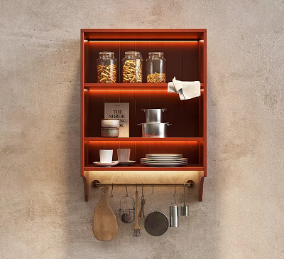 Functional Kitchen Wall Cabinet With Shelves Storage Jars Cookware Plates And Hanging Utensils 3d model