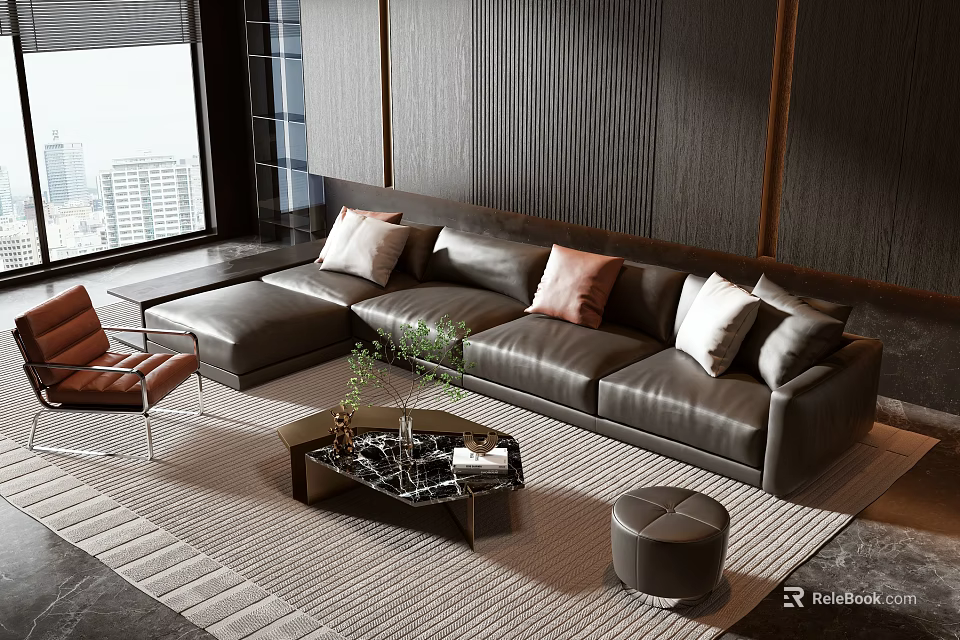 Modern Living Leather Sofa And Coffee Table Set With Gray Pillows Ottoman And Floor-to-Ceiling Window 3d model 