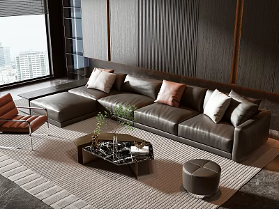 Modern Living Leather Sofa And Coffee Table Set With Gray Pillows Ottoman And Floor-to-Ceiling Window 3d model