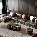 Modern Living Leather Sofa And Coffee Table Set With Gray Pillows Ottoman And Floor-to-Ceiling Window