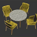 Round Speckled Table with Patterned Yellow Chairs and Red Legs Modern Dining Set
