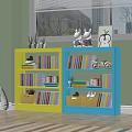 Kids Room Yellow And Blue Shelving Unit With Books Toys Storage Boxes And Potted Plants