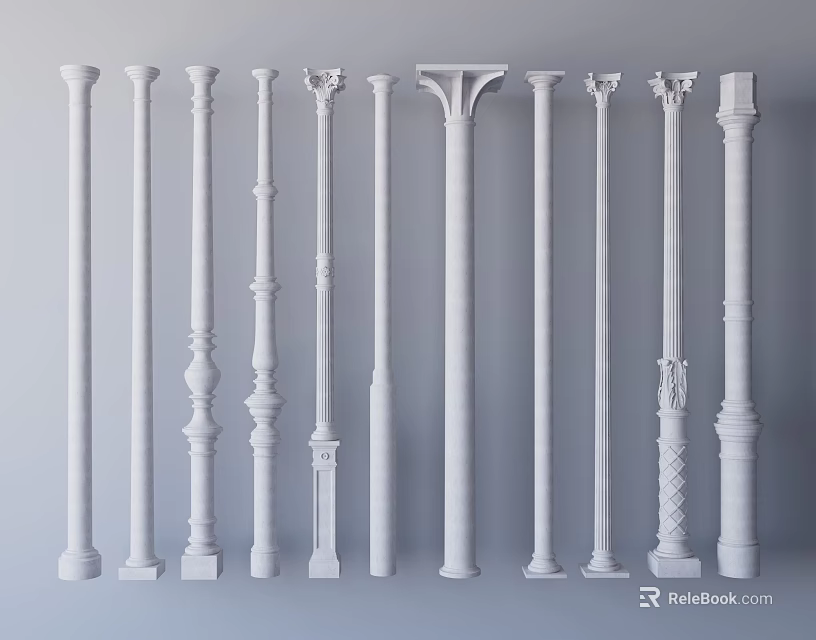 White Roman Columns with Various Architectural Decorative Styles Arranged in 3d model