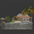 Cartoon Tropical Island Scene With Beach House Palm Trees Small Cabin And Wooden Pier