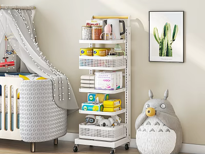 Large Totoro Plush Doll In Nursery Room With Cactus Painting Wheeled Storage Cart And Crib 3d model