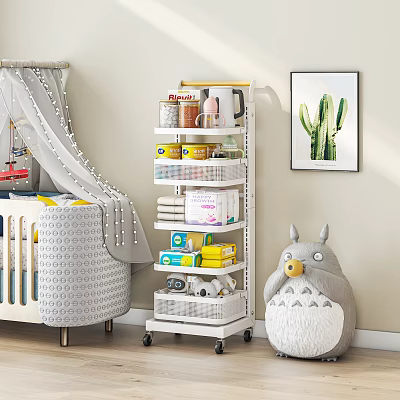 Large Totoro Plush Doll In Nursery Room With Cactus Painting Wheeled Storage Cart And Crib 3d model