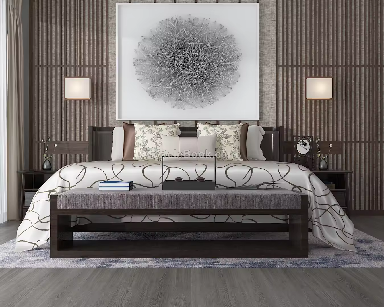 New Chinese background double bed double bed head background combination 3d model
