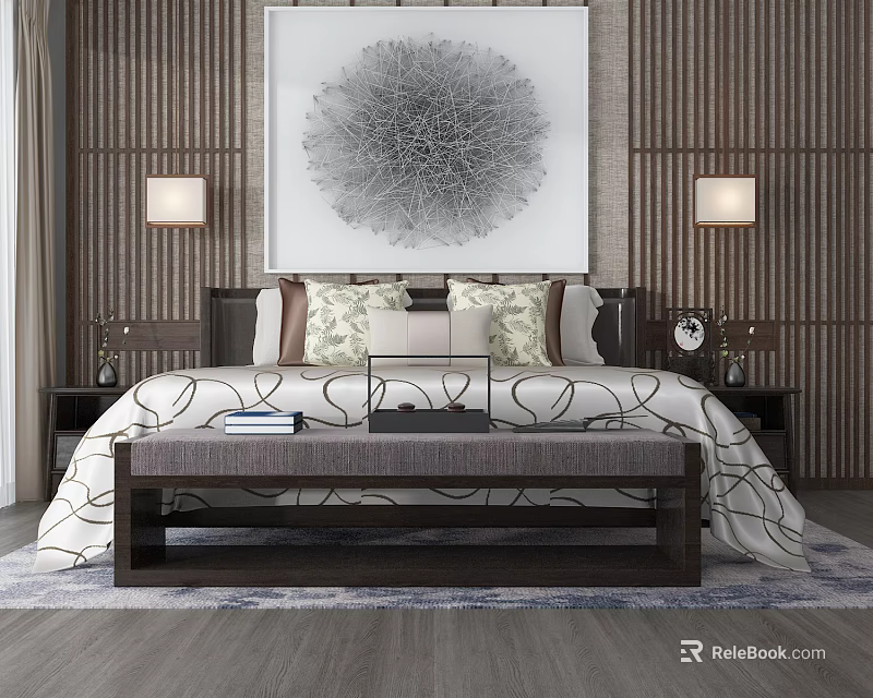 Background Double Bed with Wooden Wall Circular Artwork Bedside Lamps Bed Bench and Pillows 3d model 