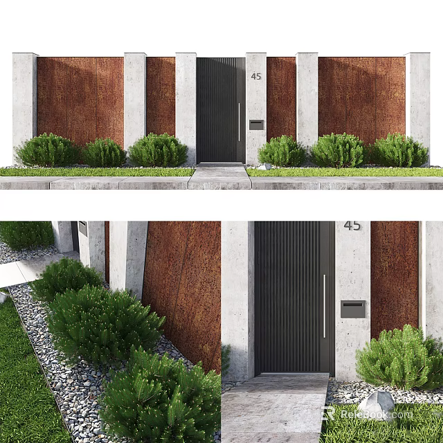 Black Entrance Door With House Number 45 And Green Shrubs By Rustic Brown Panels 3d model 