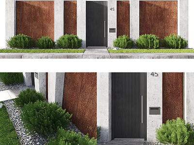 Black Entrance Door With House Number 45 And Green Shrubs By Rustic Brown Panels 3d model