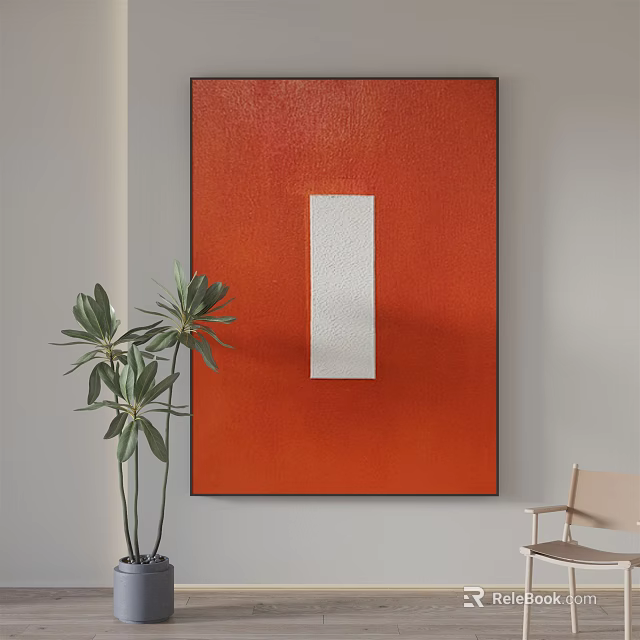 Large Red Painting With White Rectangular Section And Green Plant Near Chair 3d model
