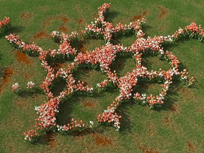 Intricate Floral Pattern Of Red And White Flowers With Circular Curved Shapes On Green Grass 3d model