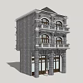 Vintage Style Commercial Complex With Gray Brick Arched Windows And Balconies 3d model