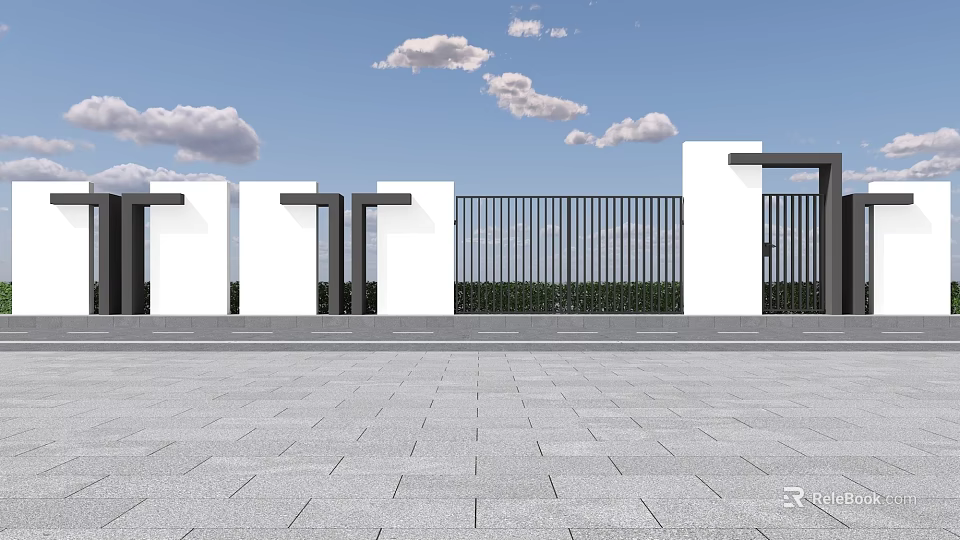 Modern Fence Featuring White Pillars Black Railings Gray Stone Pavement and Blue Sky White Clouds 3d model 