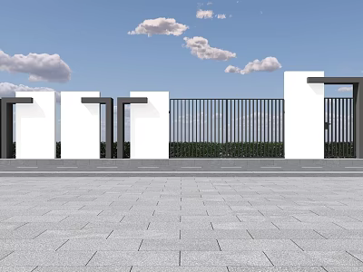 Modern Fence Featuring White Pillars Black Railings Gray Stone Pavement and Blue Sky White Clouds 3d model