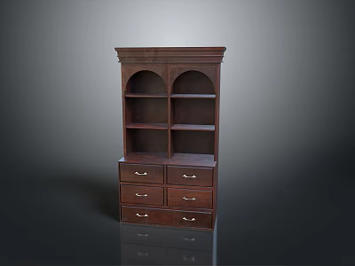 Traditional Dark Solid Wood Bookshelf With Open Storage Shelves And Drawers 3d model