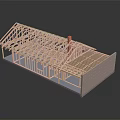 Wooden House Frame Structure with Roof Trusses Wall Framing and Brick Foundation