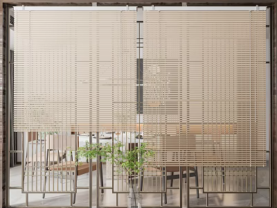 Natural Color Venetian Blinds In Modern Living Room With Wooden Table And Green Plants 3d model