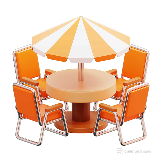 Industrial Equipment With Orange Chairs Round Table And Orange White Striped Umbrella 3d model 