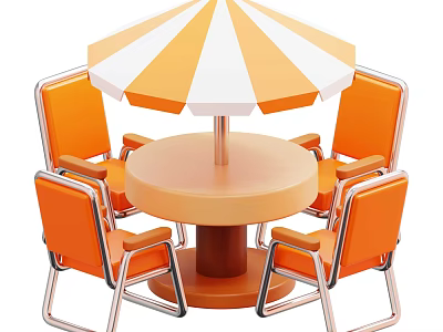 Industrial Equipment With Orange Chairs Round Table And Orange White Striped Umbrella 3d model